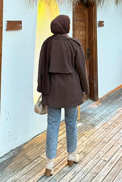 lamelif Short Trench Coat with Shoulder Epaulettes Bitter Brown