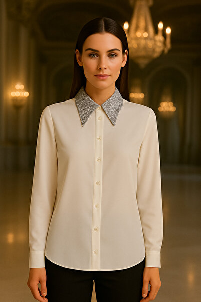 TUSSE Cămașă de seară clasică, elegantă, cu guler ascuțit, din șifon, cu paiete, mărime mare