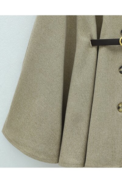 Modamorfo Buttoned Cashmere Poncho with Fur Collar and Belted Waist - Light Mink