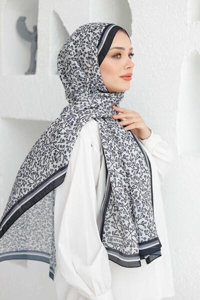 Siyane Black Scarf Cherry Blossom Pattern Voile Shawl
