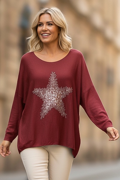 Chiccy Italian Burgundy Pool Neck Long Sleeve Slim Star Applique Casual Knitwear Blouse 70 70