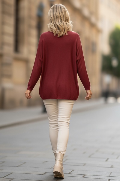 Chiccy Italian Burgundy Pool Neck Long Sleeve Slim Star Applique Casual Knitwear Blouse 70 70