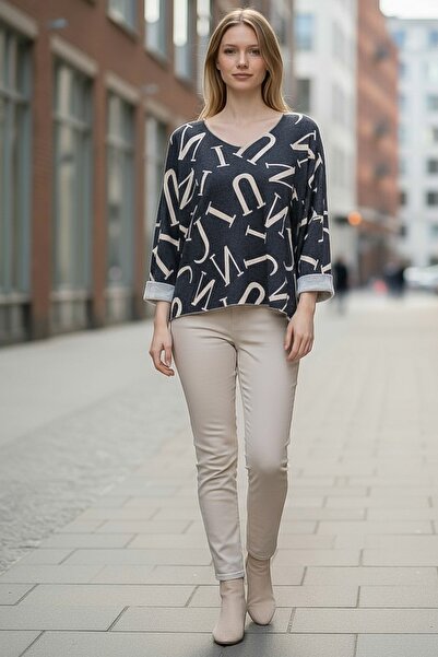 Chiccy Italian Anthracite V-Neck Long Sleeve Slim Allover Ba Printed Asual Knitwear Blouse 70 70