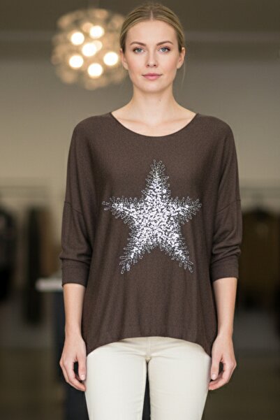 Chiccy Italian Brown Pool Neck Long Sleeve Slim Star Applique Casual Knitwear Blouse 70 70