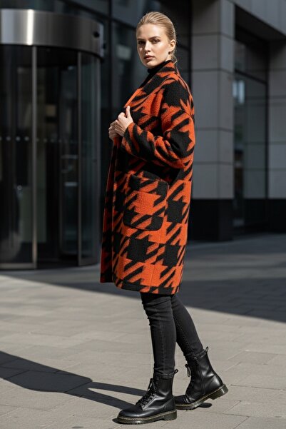 Chiccy Italian Black-Orange Kimono Collar Long Sleeve Houndstooth Unlined Casual Cashmere Woven Jacket with Pockets 100 75