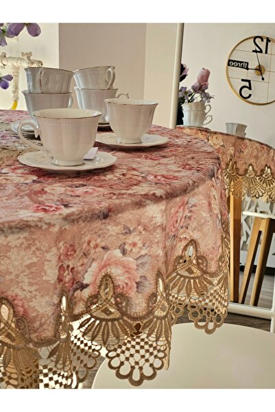 Casalina Tablecloth, round, vintage floral pattern with lace, diameter 150 cm