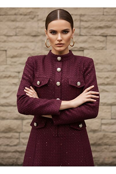 1Moda1Tarz Imported Tweed Fabric Button Detailed Lined Special Design Long Dress