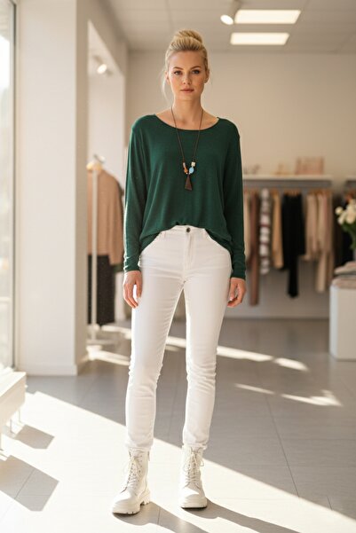 Chiccy Italian Pine Green Pool Collar Long Sleeve Slim Necklace Casual Knitwear Blouse 70 65
