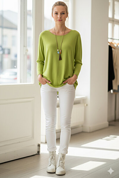 Chiccy Italian Pistachio Green Pool Collar Long Sleeve Slim Necklace Casual Knitwear Blouse 70 65