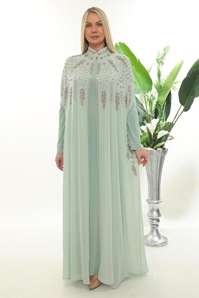MİSS DİAMOND Chiffon Mint Long Dress Abaya Ferace Suitable for Elegant Stone ...