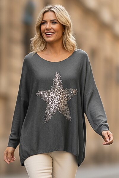 Chiccy Italian Anthracite Pool Neck Long Sleeve Slim Star Applique Casual Knitwear Blouse 70 70