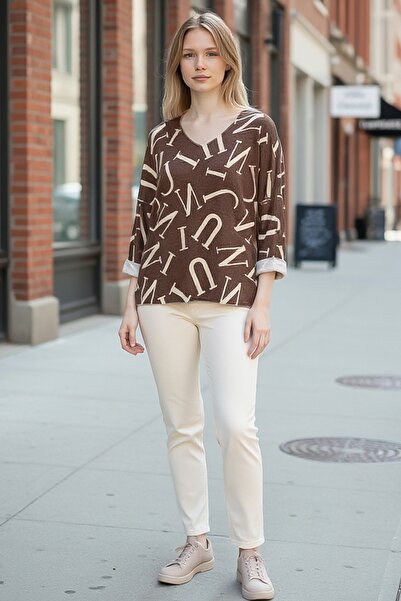 Chiccy Italian Brown V-Neck Long Sleeve Slim Allover Ba Printed Asual Knitwear Blouse 70 70