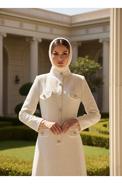 1Moda1Tarz Imported Tweed Fabric Button Detailed Lined Special Design Long Dress