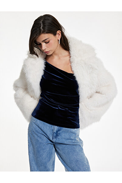 Koton Asymmetrical Neckline Sleeveless One Shoulder Velvet Blouse with Accessory Detail