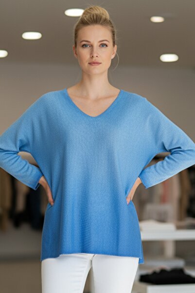 Chiccy Italian Blue V-Neck Long Sleeve Slim Washed Collar Skirt and Sleeve Tip Lurex Drawstring Knitwear Blouse 70 68