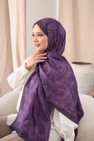 Siyane Dark Purple Scarf Natural Rose Patterned Shawl