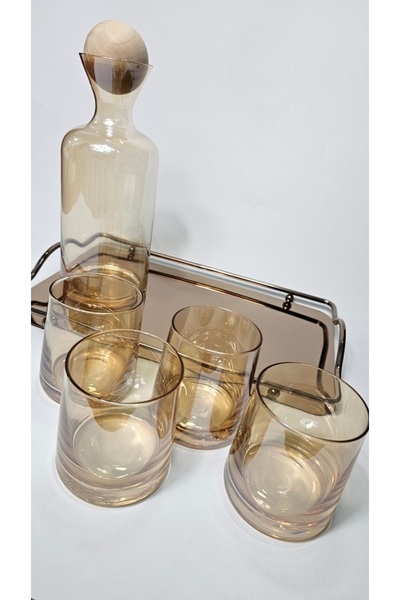 Casalina Set of carafe with wooden stopper, 4 borosilicate glass glasses and metal/mirror tray