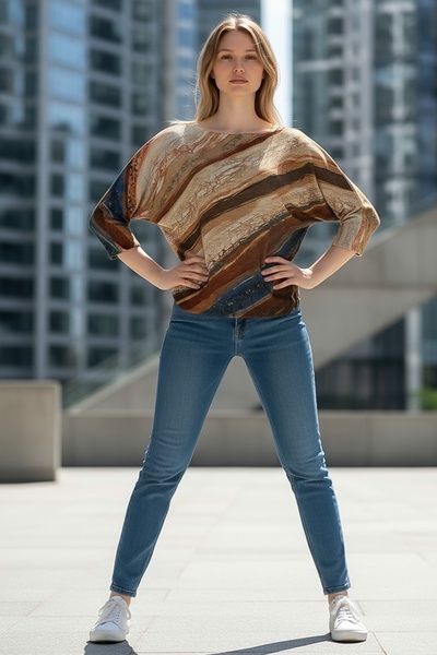 Chiccy Italian Beige-Brown Striped Boat Neck Batwing Sleeve Lurex Textured Casual Mercerized Knitwear Blouse 68 70