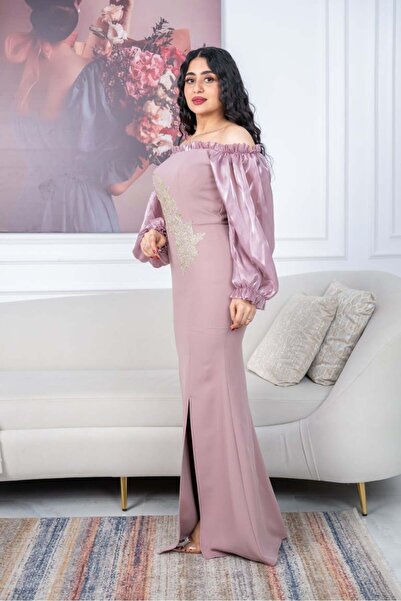 TREN Dusty Rose Shoulder-Baring Maxi Gown with Voluminous Satin Sleeves for Romantic Celebrations