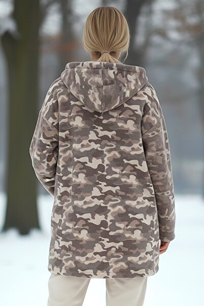 Chiccy Italian Camouflage Beige K Hooded Long Sleeve Casual Cashmere Woven Jacket with Zippered Pockets 80 70