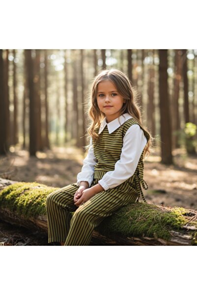 FESSHERA KİDS Girl's Shirt Collar Shirt Look Vest Set Striped Double Suit / Blouse and Pants Set