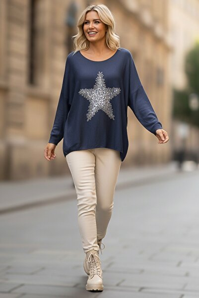 Chiccy Italian Navy Blue Pool Neckline Long Sleeve Slim Star Applique Casual Knitwear Blouse 70 70