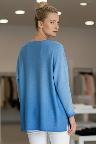Chiccy Italian Blue V-Neck Long Sleeve Slim Washed Collar Skirt and Sleeve Tip Lurex Drawstring Knitwear Blouse 70 68