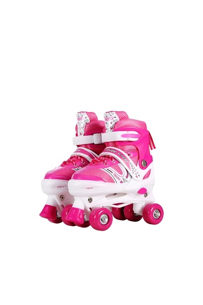 My modern game Power Superb medium-sized adjustable skate shoes (sizes 35-38) with 4 wheels and brakes, red, blue, and pink.