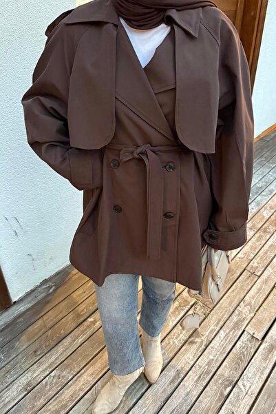 lamelif Short Trench Coat with Shoulder Epaulettes Bitter Brown