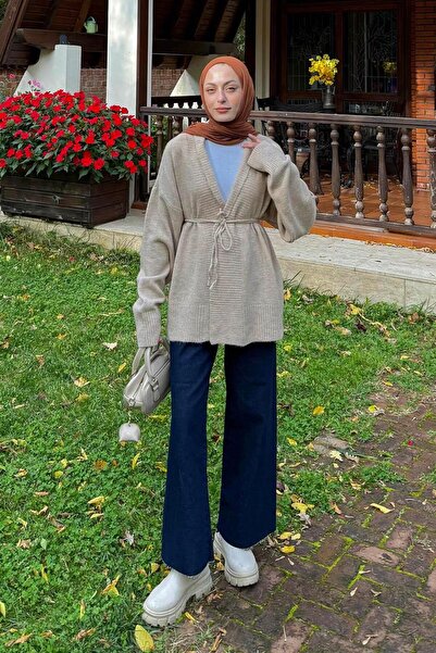 lamelif Knitted Cardigan with Tie Detail Stone