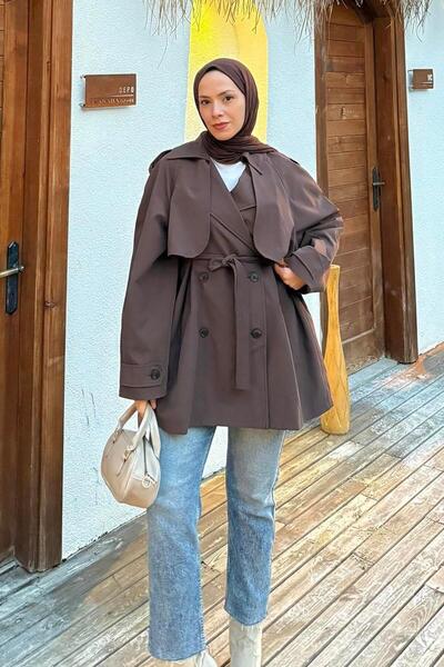 lamelif Short Trench Coat with Shoulder Epaulettes Bitter Brown