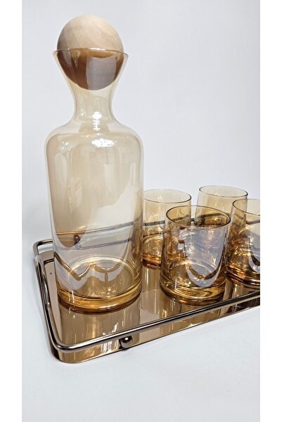 Casalina Set of carafe with wooden stopper, 4 borosilicate glass glasses and metal/mirror tray