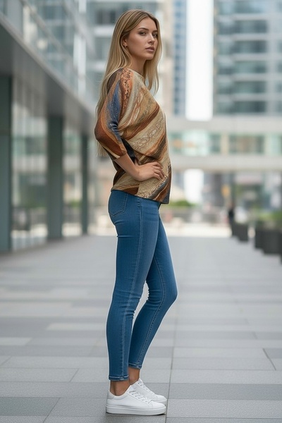 Chiccy Italian Beige-Brown Striped Boat Neck Batwing Sleeve Lurex Textured Casual Mercerized Knitwear Blouse 68 70