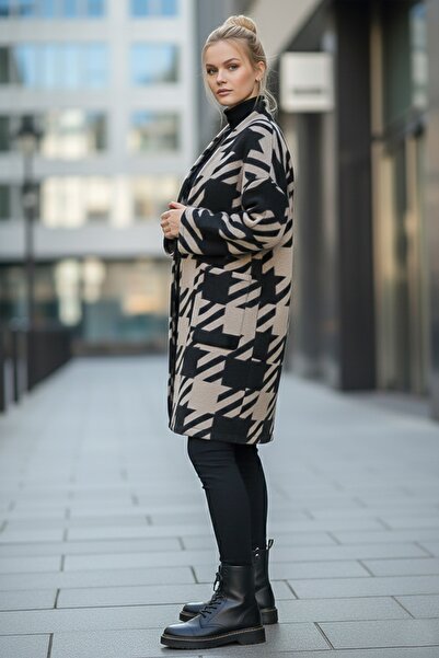 Chiccy Italian Black-Beige Kimono Collar Long Sleeve Houndstooth Unlined Casual Cashmere Woven Jacket with Pockets 100 75