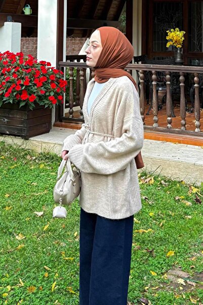 lamelif Knitted Cardigan with Tie Detail Stone