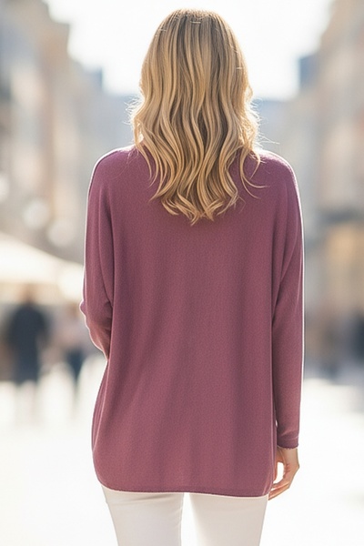 Chiccy Italian Plum Color V-Neck Long Sleeve Slim Washed Collar Skirt and Sleeve Tip Lurex Drawstring Knitwear Blouse 70 68