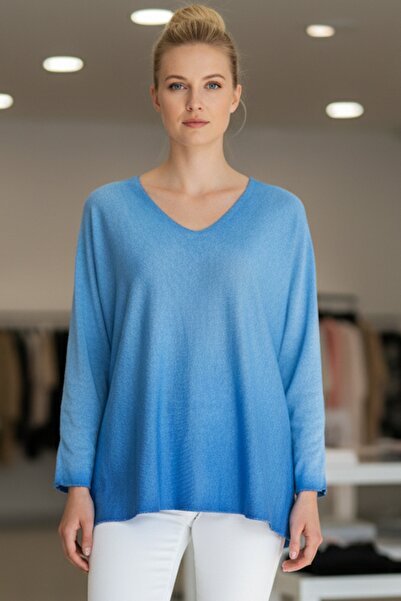 Chiccy Italian Blue V-Neck Long Sleeve Slim Washed Collar Skirt and Sleeve Tip Lurex Drawstring Knitwear Blouse 70 68