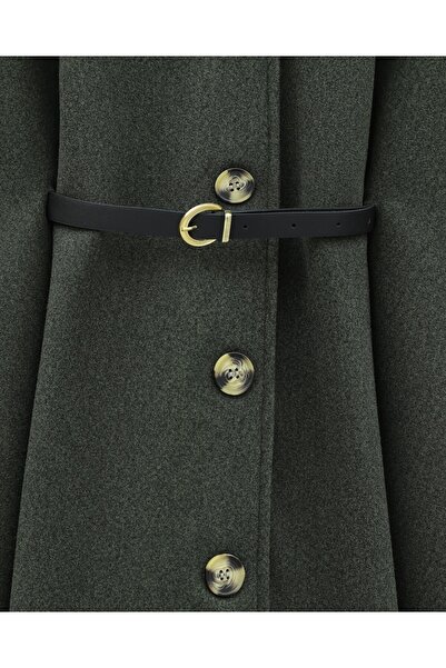 Modamorfo Buttoned Cashmere Poncho with Fur Collar and Belted Waist - Khaki