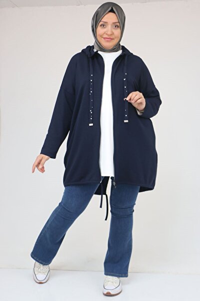 Eslina 43068 Plus Size Skirt Oval Cut Modal Jacket - Navy Blue