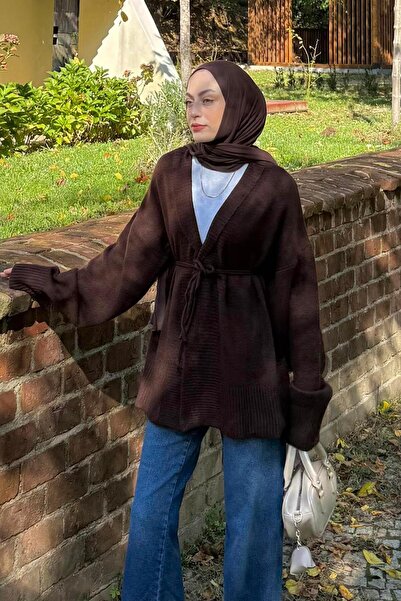 lamelif Knitted Cardigan with Tie Detail Bitter Brown