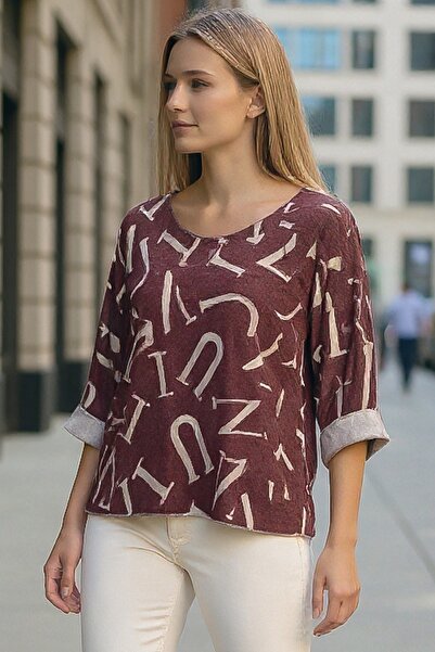 Chiccy Italian Burgundy V-Neck Long Sleeve Slim Allover Ba Printed Asual Knitwear Blouse 70 70