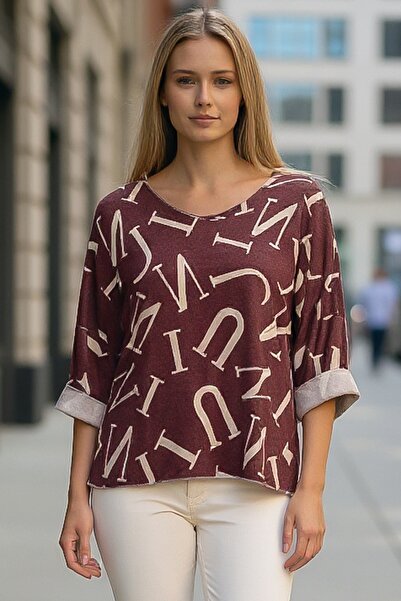 Chiccy Italian Burgundy V-Neck Long Sleeve Slim Allover Ba Printed Asual Knitwear Blouse 70 70