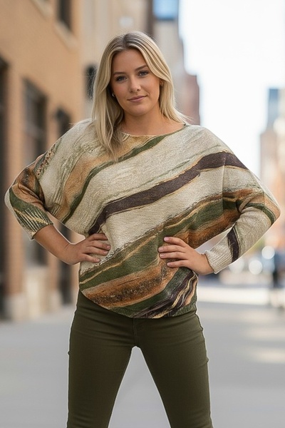 Chiccy Italian Beige-Khaki Striped Boat Neck Batwing Sleeve Lurex Textured Casual Mercerized Knitwear Blouse 68 70