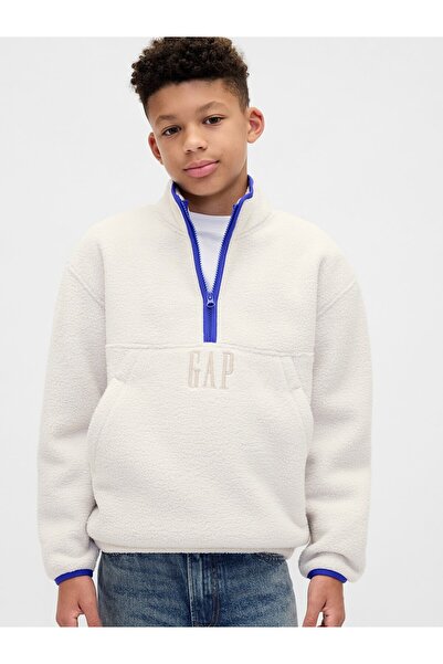 GAP Erkek Çocuk Gri Sherpa Logo Yarım Fermuarlı Pullover