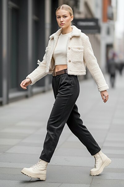 Chiccy Italian Black Pocketed Belted Elastic Waist Jogger Leg Casual Velvet Woven Trousers 100 65