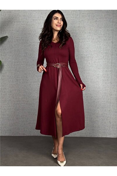 TUA MODA Tua Moda Women's Long Sleeve Collared Waist with Leather Detail Belted Slit Midi Viscose Two Thread Dress