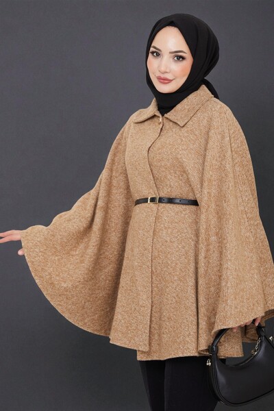 Cochines Women's Tan Gold Brooch Buttoned Belted Shirt Collar Wrinkled Cashmere Short Coat Hijab Tunic Long Poncho