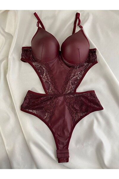 Gold Night Γυναικείο δερμάτινο μπορντό διαφανές φορμάκι με κουμπωτά και σουτιέν Φανταχτά εσώρουχα