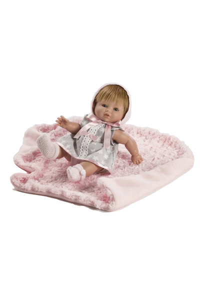Berbesa Papusa Bebelus cu paturica si rochita cu stelute, 34 cm,