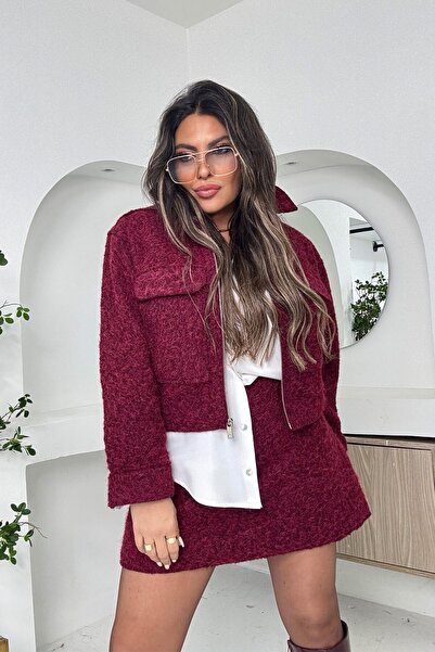 Sohotique By P Feathered Cashmere Jacket Skirt Set Burgundy